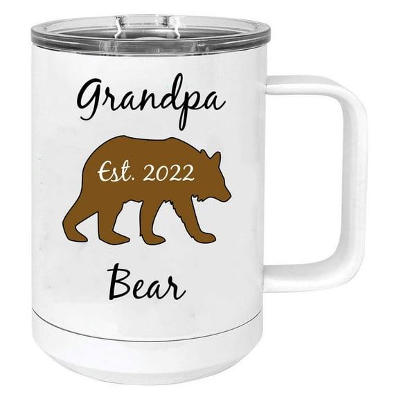 Grandpa Bear Est. 2022 Stainless Steel Vacuum Insulated 15 Oz Travel Coffee Mug with Slider Lid, White
