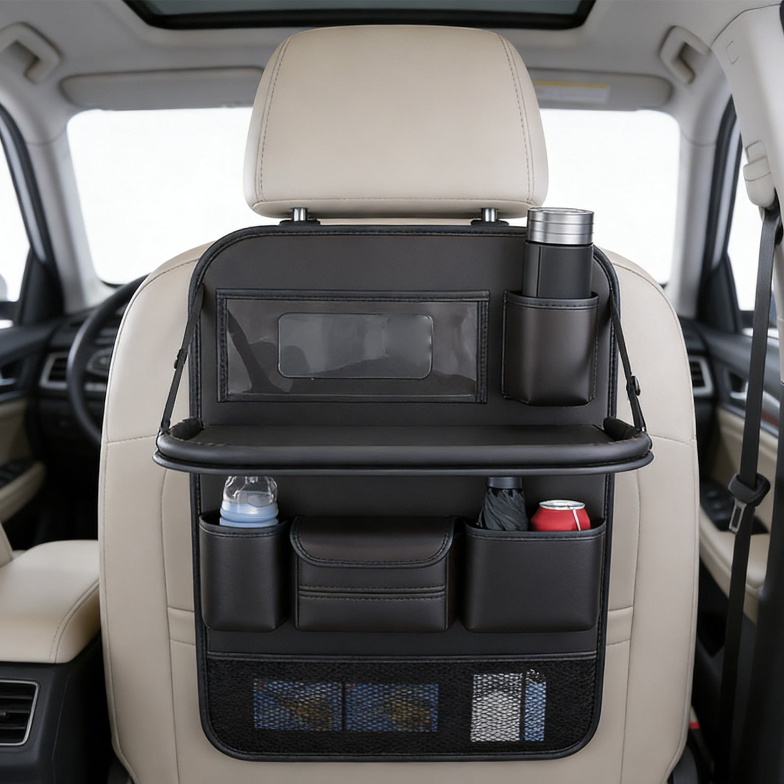 Car Back Seat Organizer with Foldable Tray, PU Leather Backseat Storage Caddy with Tablet Holder Cup Holders, Multifunctional Car Seat Back Protector Kick Mat