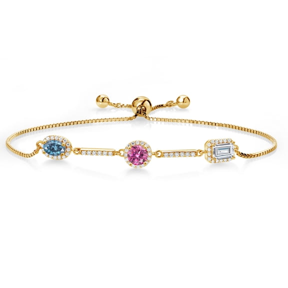 Gem Stone King 18K Yellow Gold Plated Silver Bracelet Oval Persian Blue, Pink and White Moissanite (1.52 Cttw)