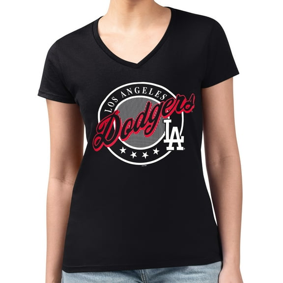 Women's G-III 4Her by Carl Banks Black Los Angeles Dodgers Super-Slim Fit Lightweight Pinstripe Circle V-Neck T-Shirt