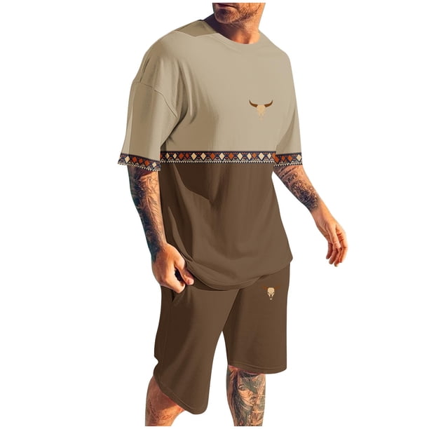 Pantalones Elásticos de la Cintura de los Hombres de la Impresión de los Pantalones Cortos Delgados Deportivos, Cuello Redondo de la Blusa de Manga Corta