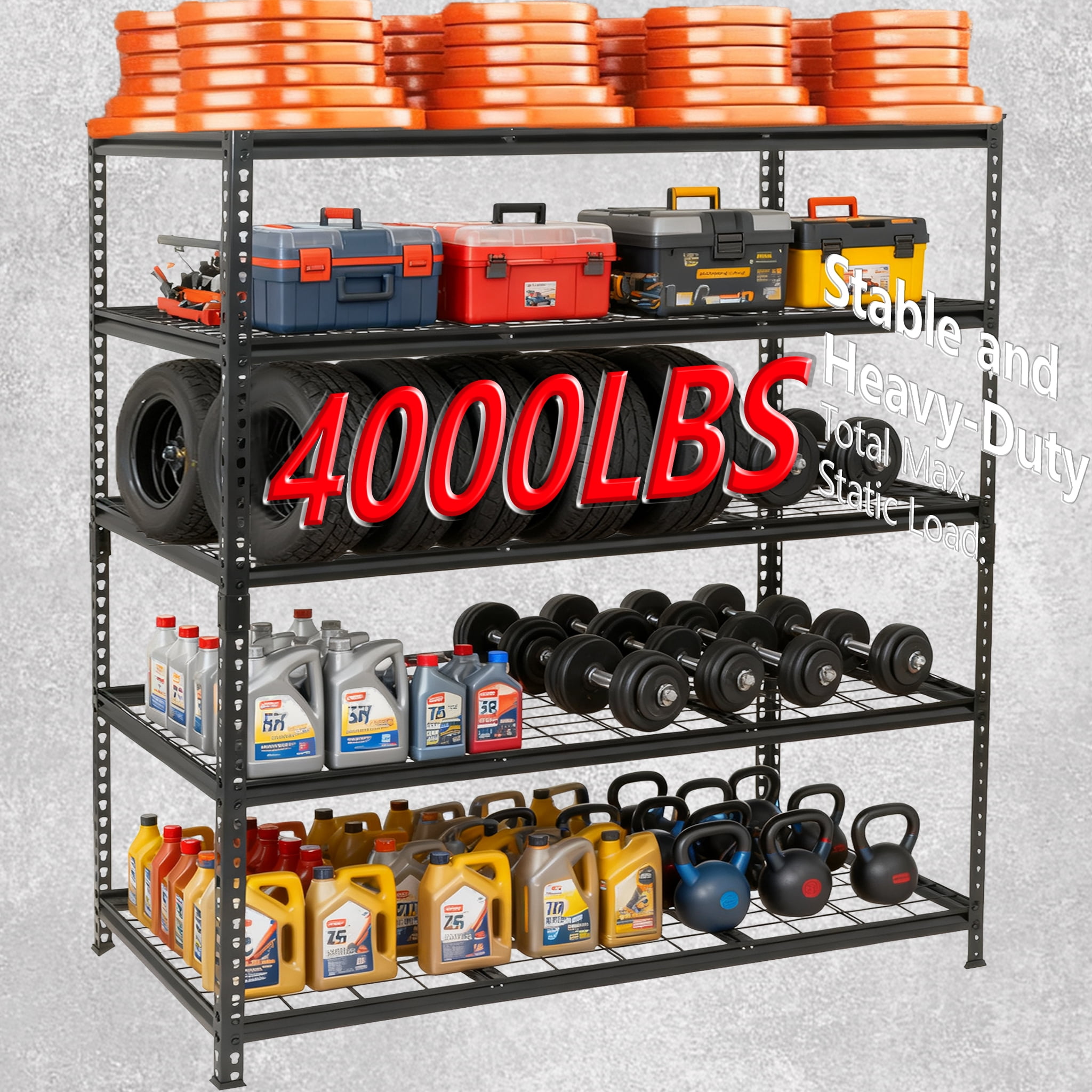 5-Tier Heavy Duty Metal Shelving Unit, Adiustable Storage Rack, Boltless Assembly, 4000 lbs Total Load Capacity, for Garage,Basement,Warehouse.Workshop, Black 48"W x 24"D x72"H