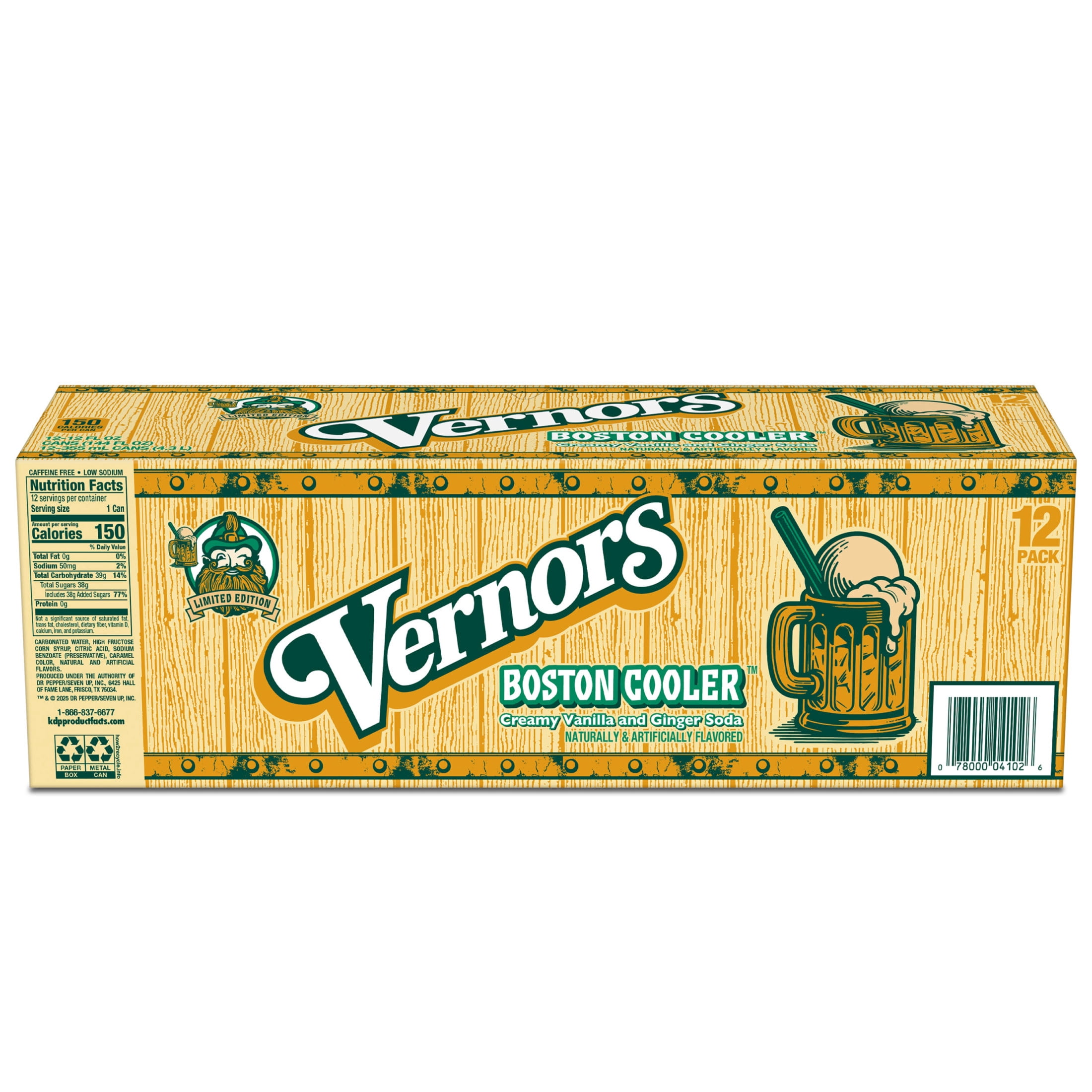 Vernors Caffeine Free Boston Cooler Creamy Vanilla and Ginger Soda Pop, 12 fl oz, 12 Pack Cans