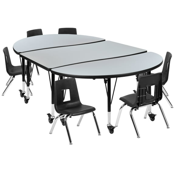 Flash Furniture Emmy Mobile 76" Oval Wave Flexible Laminate Activity Table Set with 14" Student Stack Chairs, Grey/Black