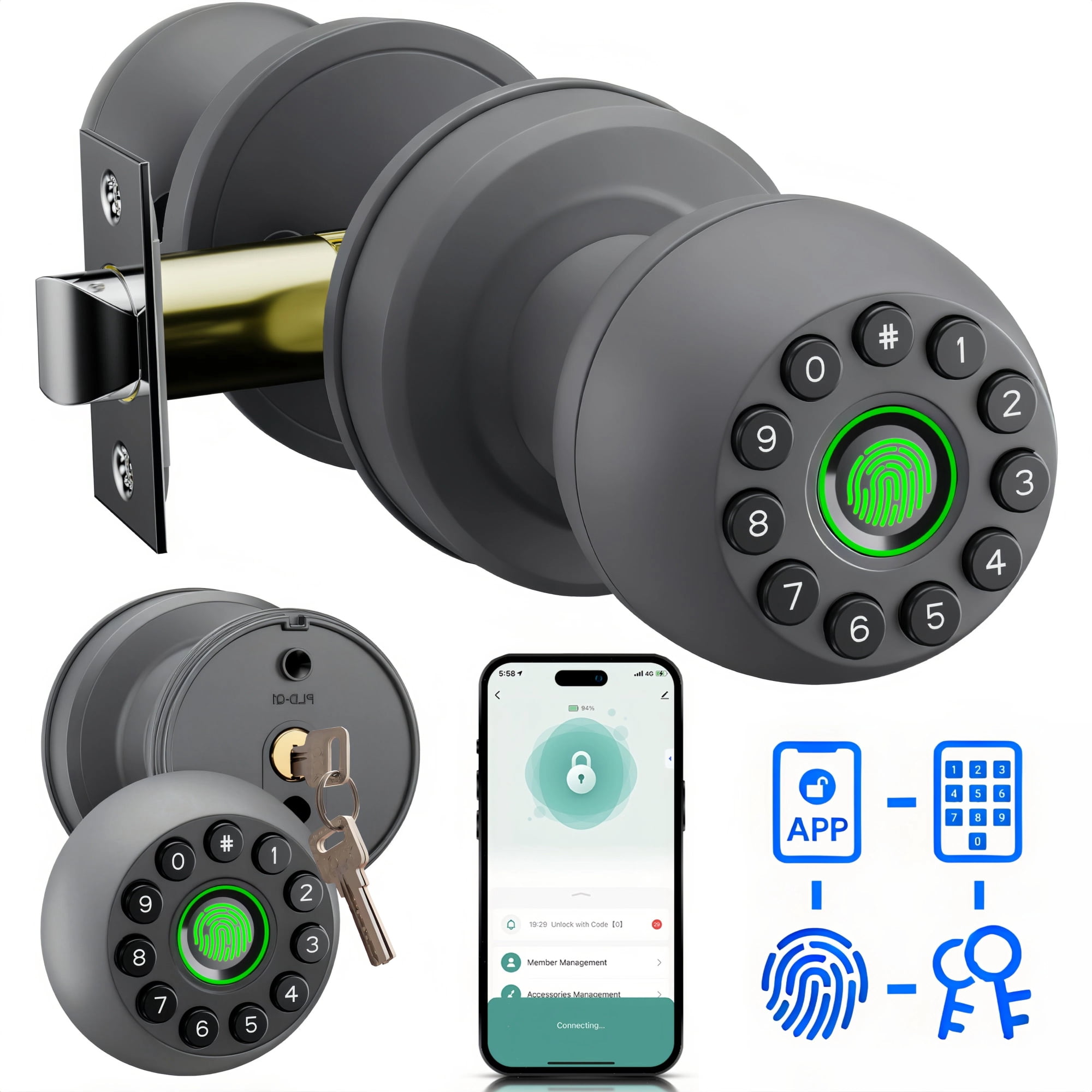 Door Knob,Blacksmith 4 in 1 Smart Door Knob With Fingerprint,App,Password and Key Quick Unlock,Biometric Smart Door Lock for Home, Apartment, Office,Gray