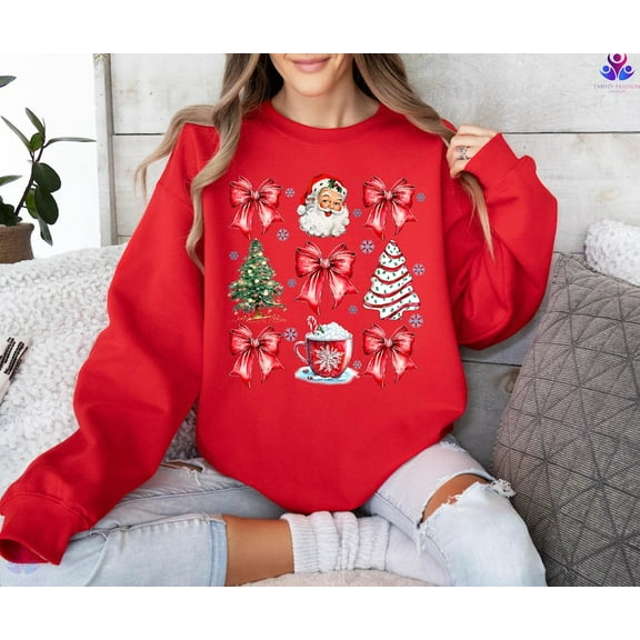 Coquette Bow Sweatshirt, Cute Red Ribbon Santa Sweatshirt, Merry Christmas Bows Sweater, Christmas Gift, Gift For Women