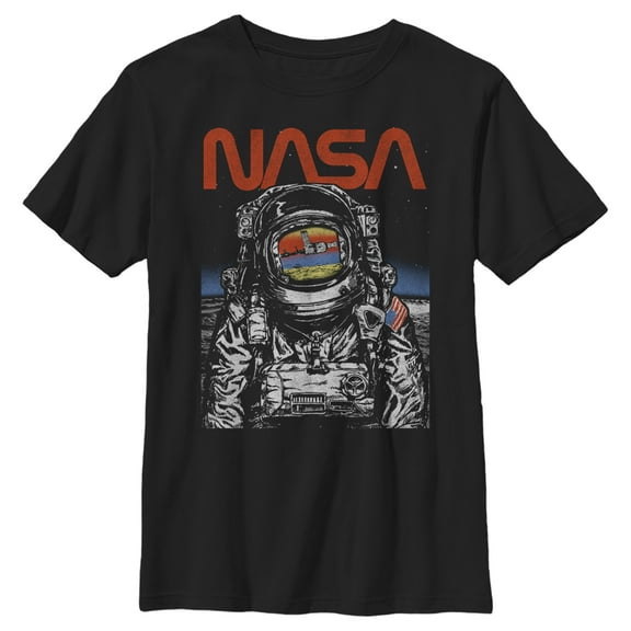 Boy's NASA Astronaut Moon Reflection Vintage Retro Graphic Tee Black Large