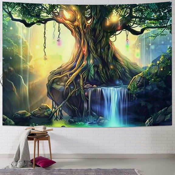PRATYUS Fantasy Forest Tapestry Nature Green Tapestry Forest Tapestry Tree of Life Tapestry for Bedroom Aesthetic Nature Forest Elf Tapestry Wall Hangings Waterfall Tapestry for Bedroom