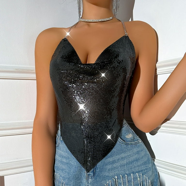 Honeeladyy Womens Shiny Rhinestone Backless Halter Crop Top Chain