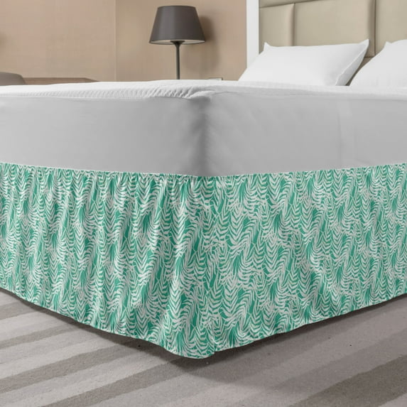 Nature Bed Skirt, Forest Foliage Leaves Tropical Palm Branches Hawaiian Jungle Illustration, Elastic Bedskirt Dust Ruffle Wrap Around for Bedding Decor, 4 Sizes, Sea Green and White, by Ambesonne