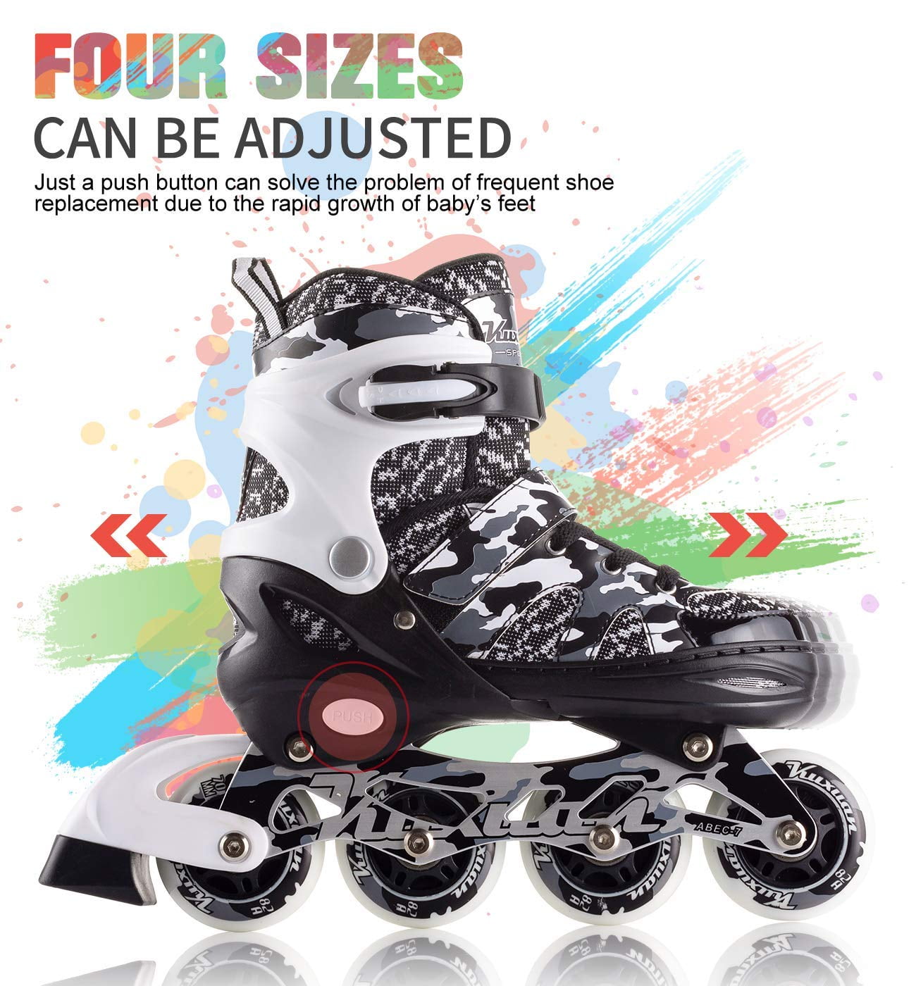 Kuxuan Skates Adjustable Inline Skates for Kids and Youth with Full Light Up Wheels Camo Outdoor Roller Blades Skates for Girls and Boys Beginner - Black Large(3Y-6Y US)