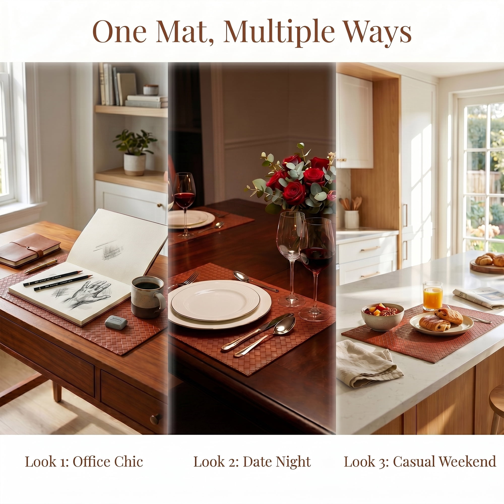 Unique Bargains Set of 6 Leather Placemats for Kitchen Brown 17*12in