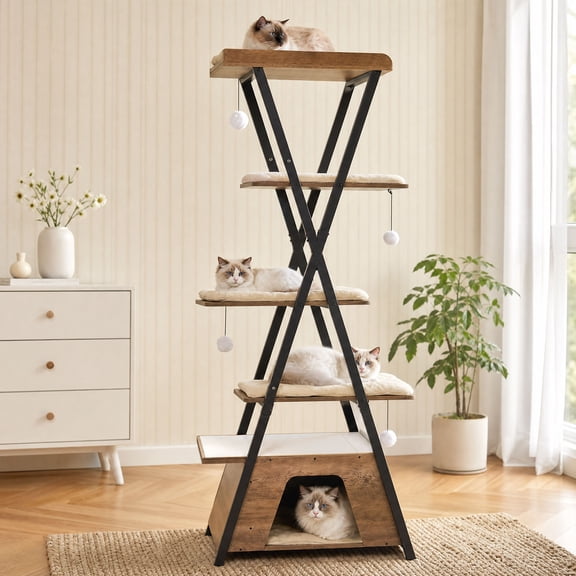 73" Modern Cat Tree with Scratching Posts, Caves & Wooden Perch, Greige – XXL Multi-Cat Tower for Large Cats, Greige