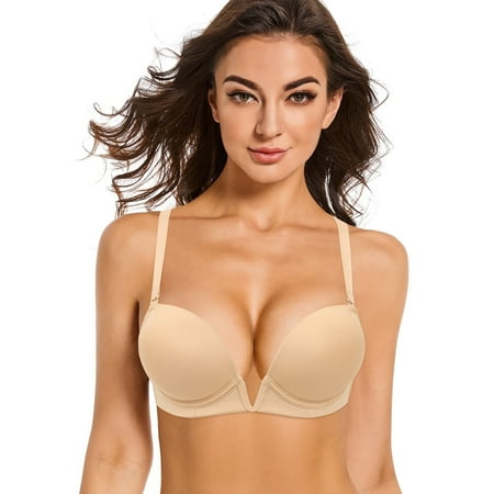 Yandw Women S Deep V Plunge Padded Push Up Convertible Bra With Clear Straps Low Cut Underwire Bra  Beige 38C