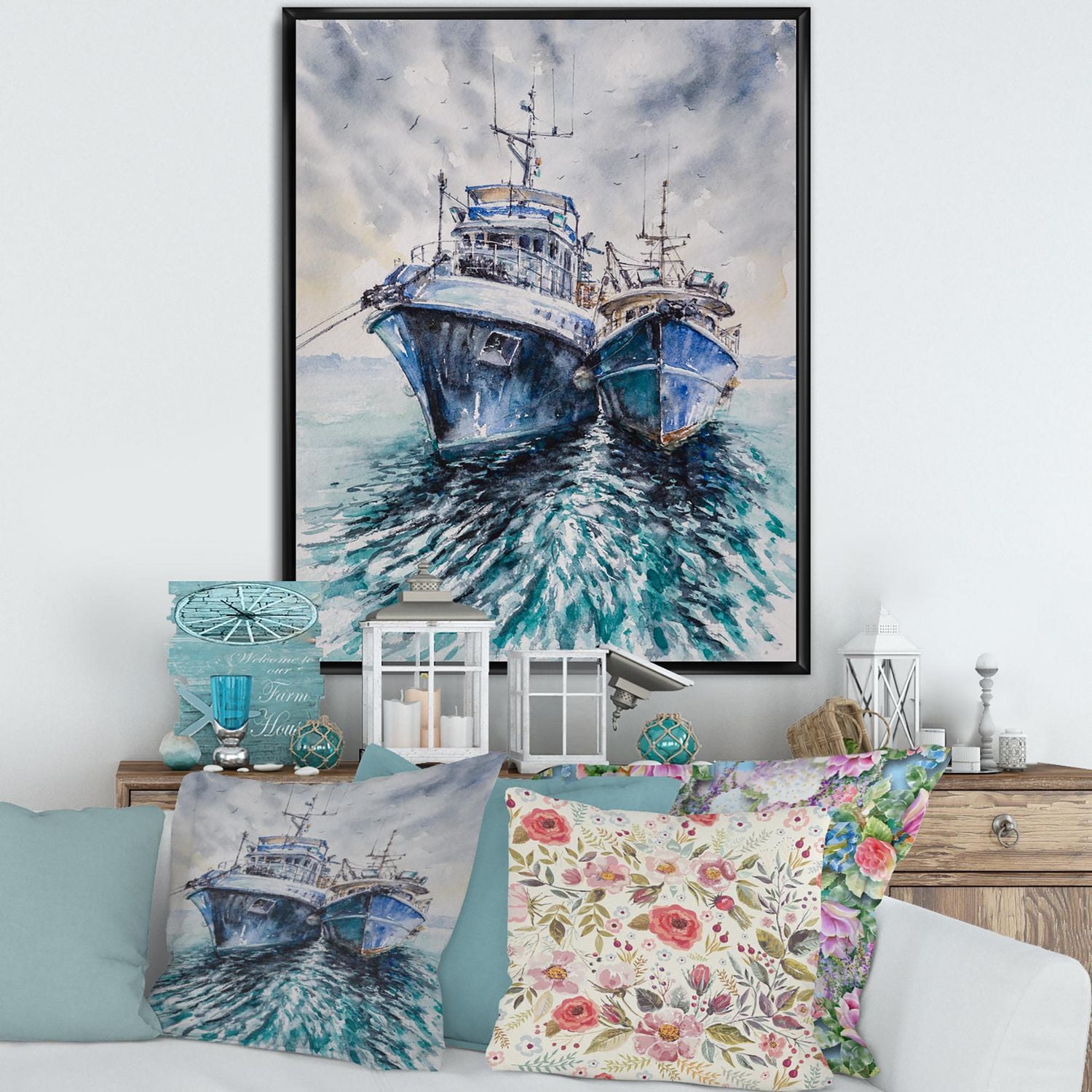 Designart Two Fishing Boats Before A Storm Anchored FLOAT FRAME WALL ART