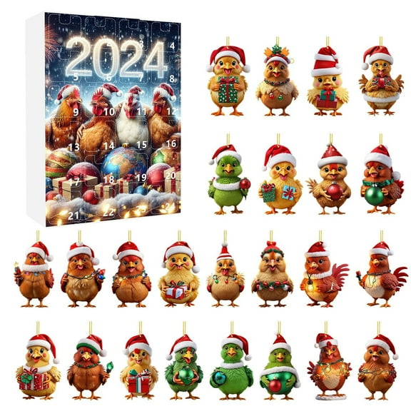 2D Christmas Home Four Chickens Wearing Santa Hats Ornaments 2025 Christmas Holiday 2D Ornaments Christmas Christmas Tree Set Ornaments (24pcs)