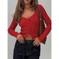 thumbnail image 3 of Women'S Long Sleeve Cardigan Open Front Knit Cropped Sweaters Fall V Neck Button Down Jacket Tops Wine Red S, 3 of 8