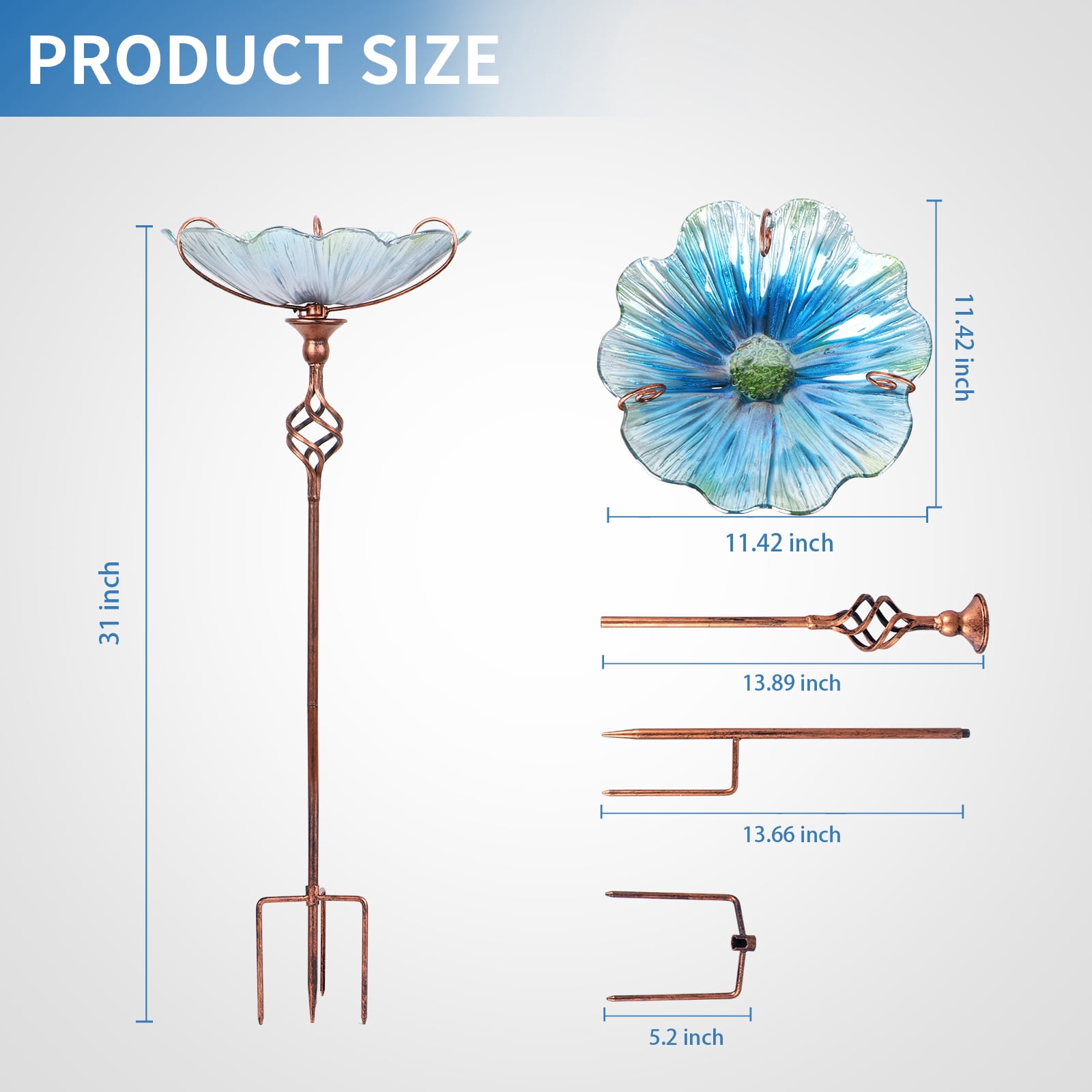 MUMTOP 31" Height Outdoor Glass Bird Feeder Bath, Blue