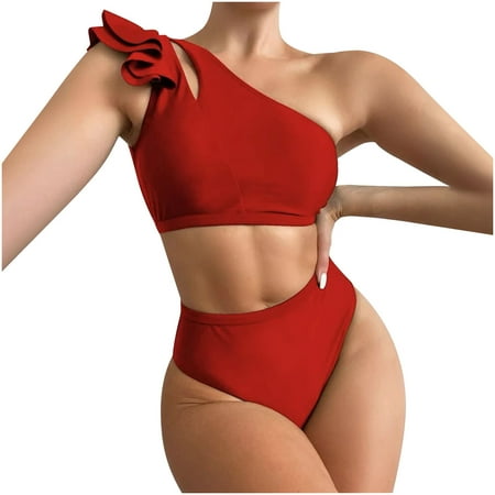 Summer Savings  Women s Color Sexy  High Waist One Shoulder  Bikini Split Swimwear Set  Trendy Swimwear for Women  Comfortable Beachwear for Summer | Sopatenor  Red XL