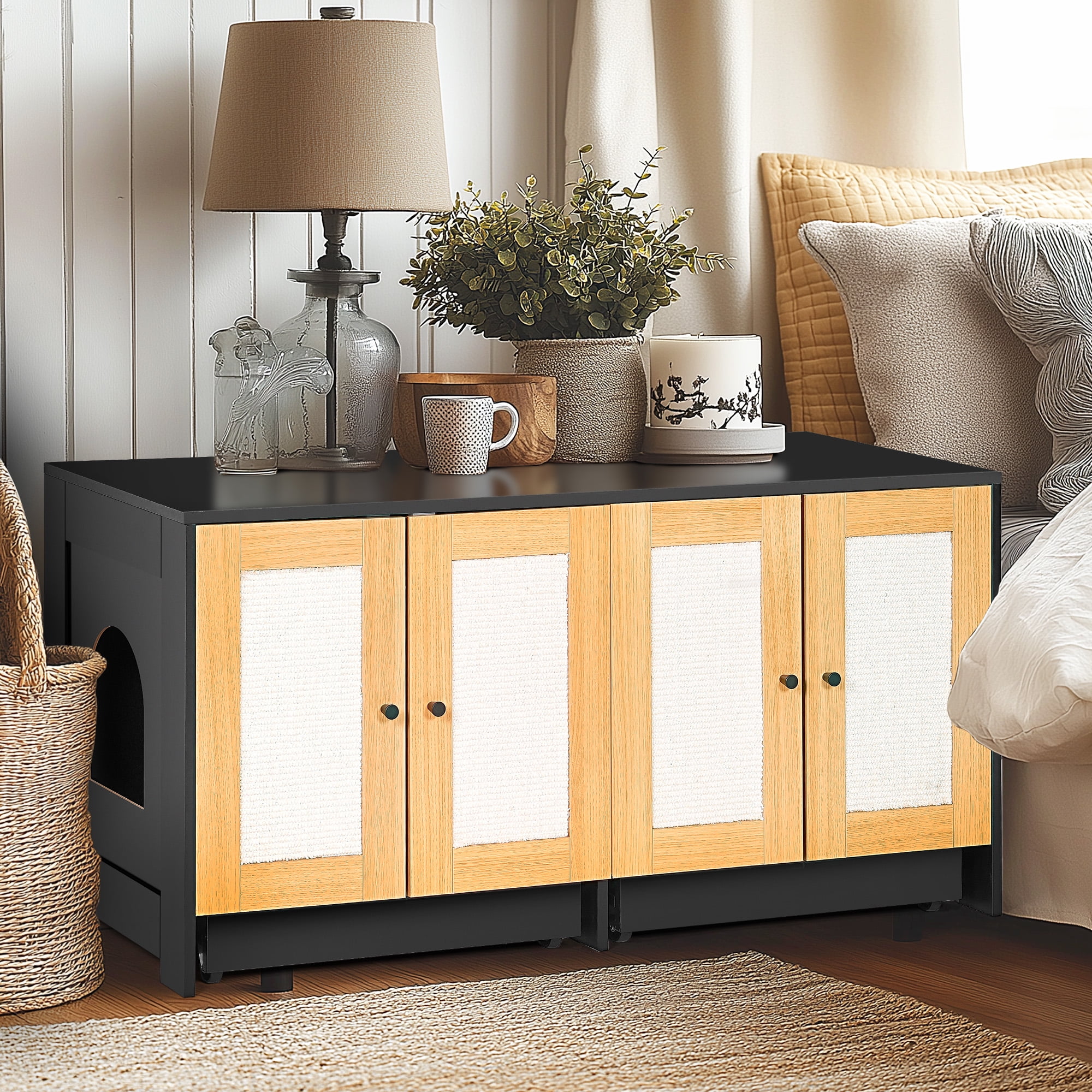 Double Litter Box Enclosure for 2 Cats, Hidden Cat Litter Box Furniture Cabinet with Rattan Sisal Doors, Enclosed Cat Washroom End Table with Pull-Out Tray, Black