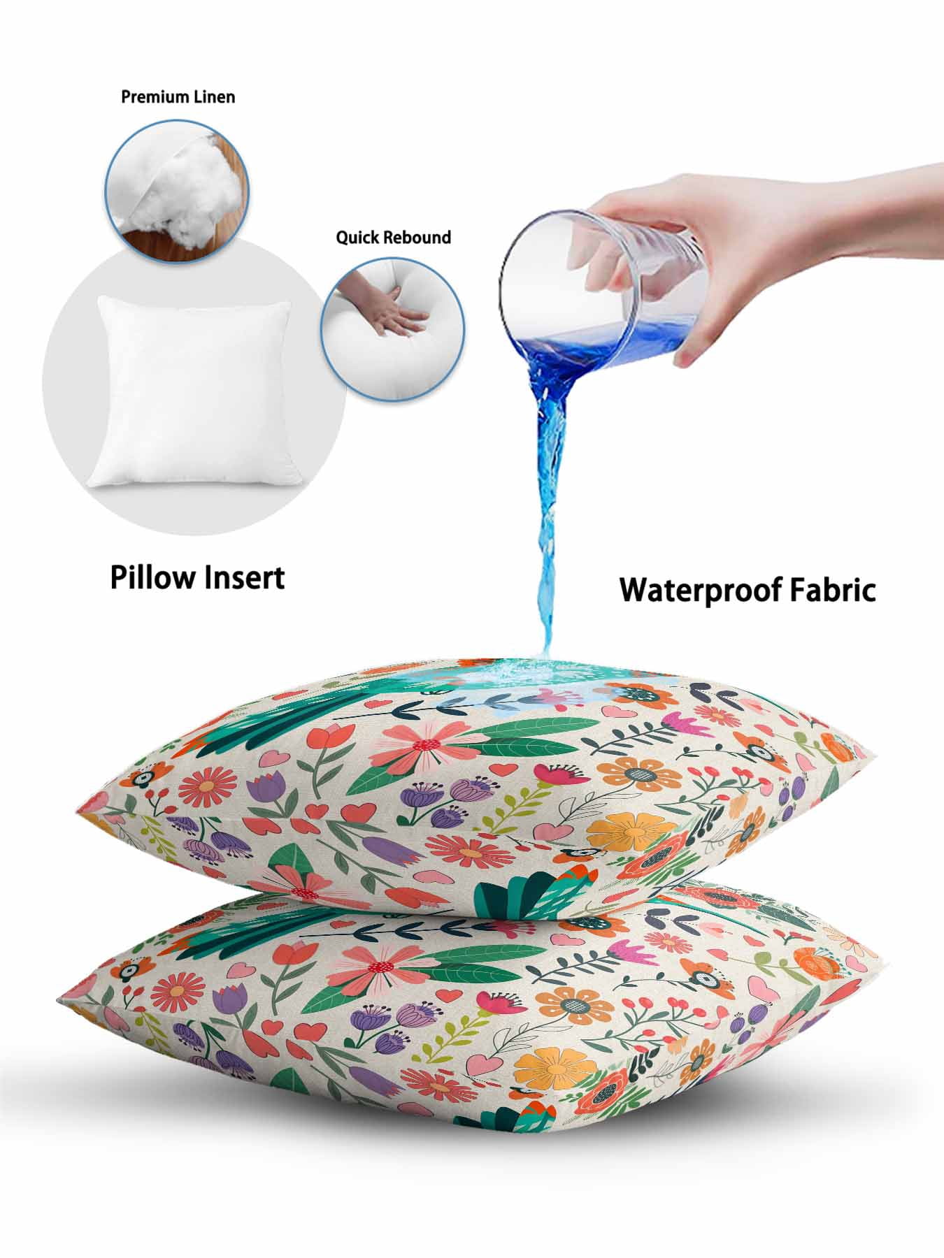 1 Pack Outdoor Pillows Waterproof, Turquoise Birds Indoor/Outdoor Throw Pillows with Inserts, Country Cartoon Colorful Flowers Herbs Decorative Pillow for Patio Furniture Chairs Couch