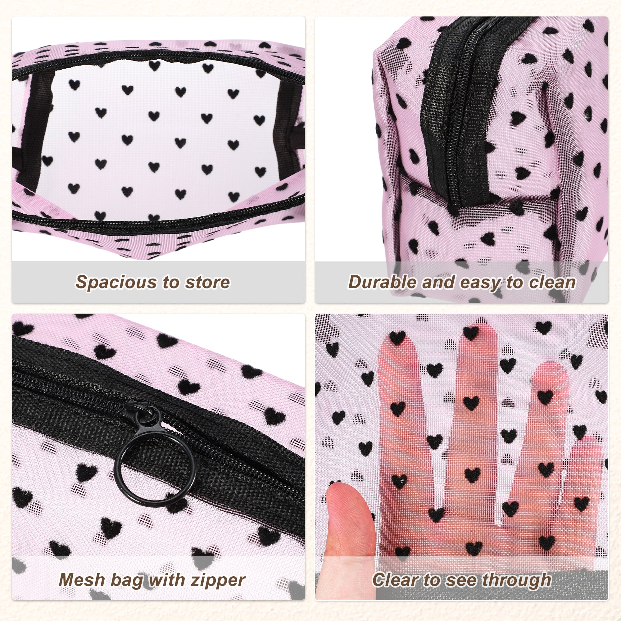 Unique Bargains 3 Pcs Heart Shape Print Mesh Makeup Bag Clear Makeup Pouch w Zipper Pink