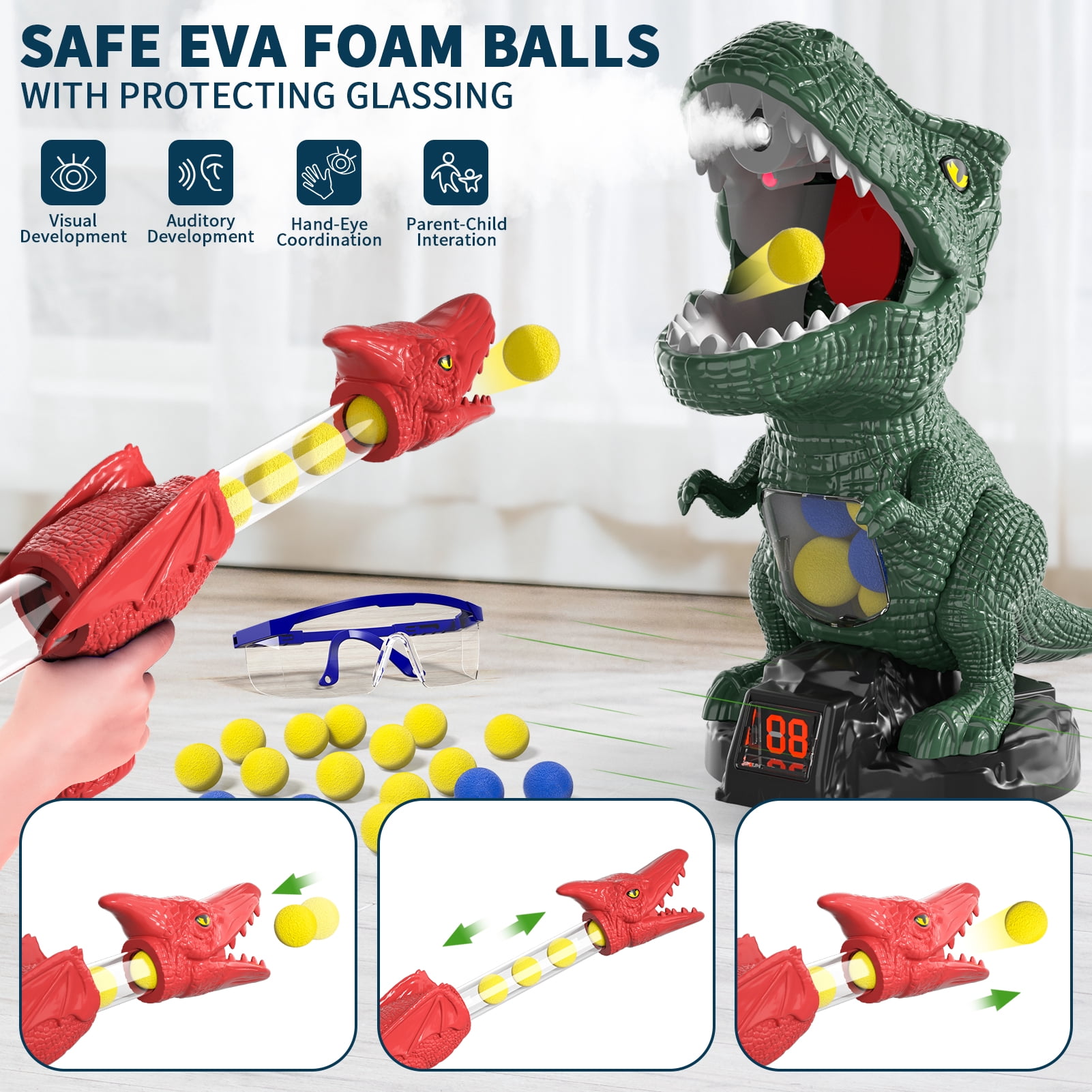 KukuFun Dinosaur Toys Shooting Games for Boys 3 4 5 6 Years Old Movable Shooting Target Toy with 2 Pump Guns & 48 Foam Balls, Outdoor Indoor Game Toys