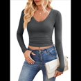 thumbnail image 2 of Camisas de Larga para Mujer, Moda Otoño 2025, Cuello en V, Blusas Básicas, Blusas Ajustadas Y2K. Gris M, 2 of 10