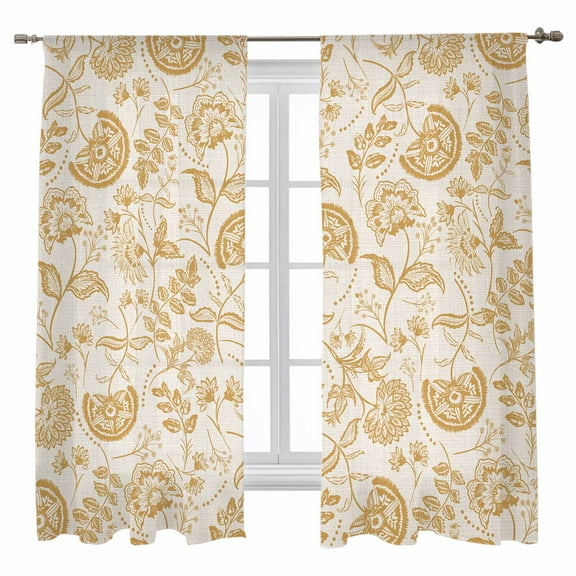 Farmhouse Yellow Floral Sheer Curtains 63 inches Long 2 Panels Set Linen Boho Flower Rustic Country Sheer Window Curtain Rod Pocket Voile Drapes for Living Room/Bedroom, Each 52" W x 63" L