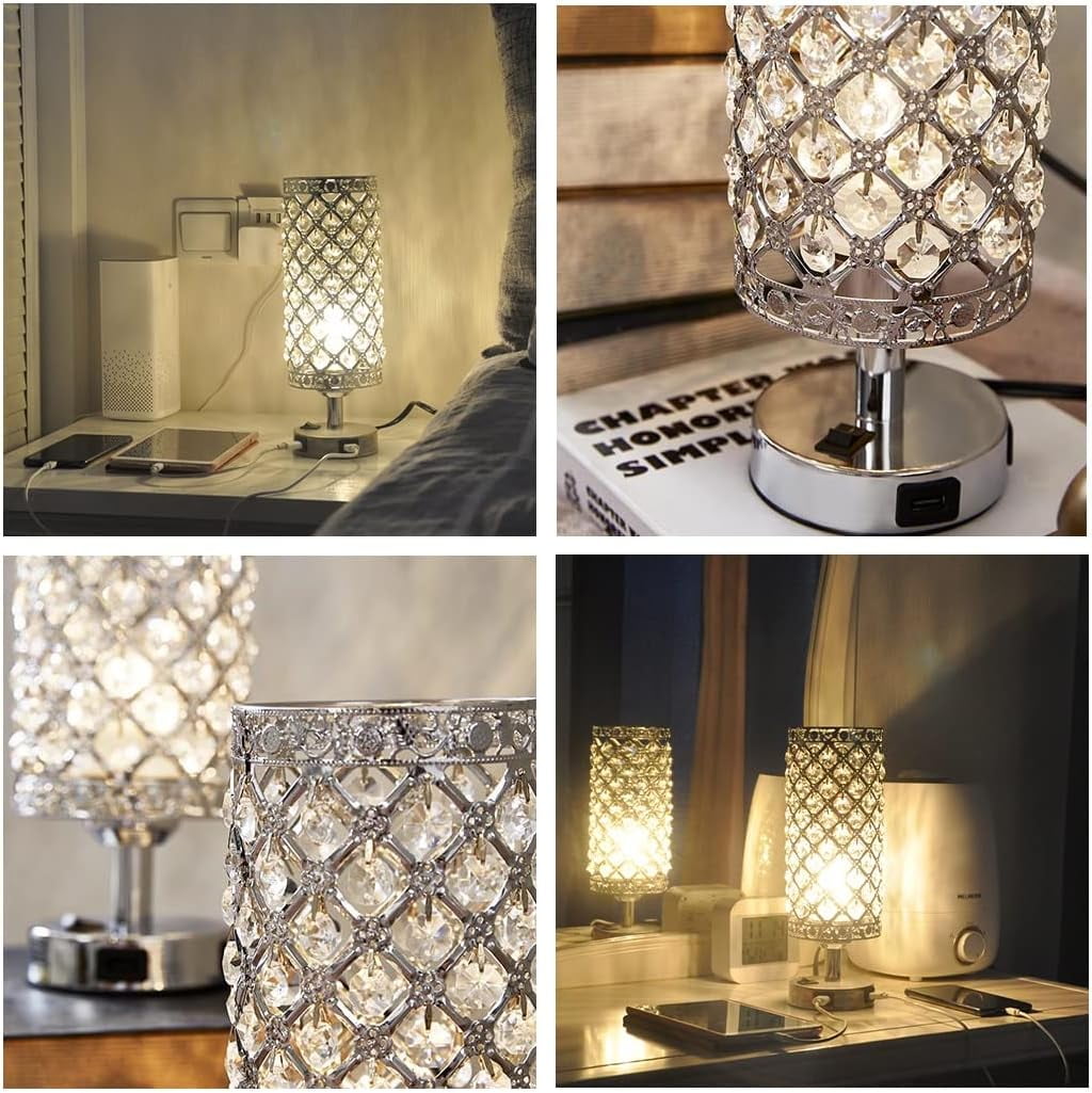 Neoglint Crystal Table Lamp Set of 2, Modern Bedside Light with 2 USB Ports, Silver Nightstand Lighting for Bedroom Living Room