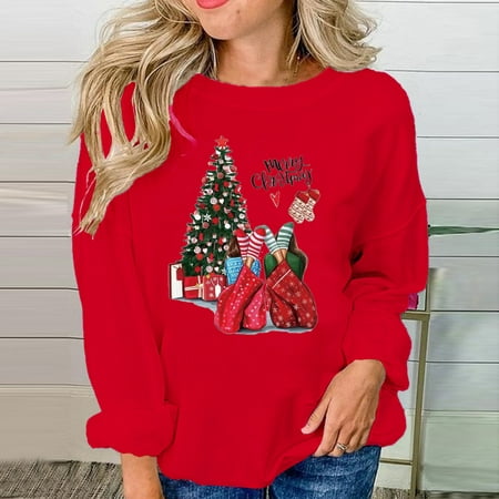 

TZNBGO Christmas Sweaters for Women Long Sleeve Tops Women s Sweatshirts Fashion Casual Printed Ladies s Tops Crewneck Tree Top Red XL Sexy Tops For Women Black Tube Tops For Women Bustier Tops F16704
