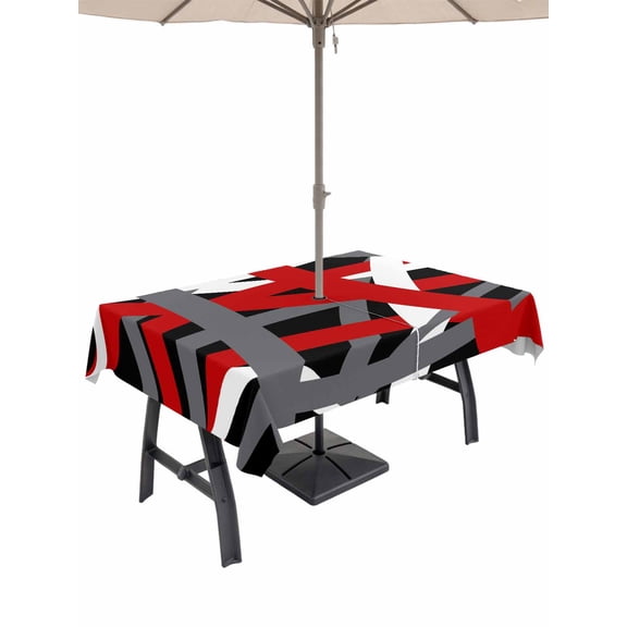 Outdoor Tablecloth with Umbrella Hole and Zipper, Red Black Geometric Rectangle Table Cloth 54x80 Inch Waterproof Tablecloth, Modern Art Abstract Grey Line Picnic Table Cover for Patio Camping