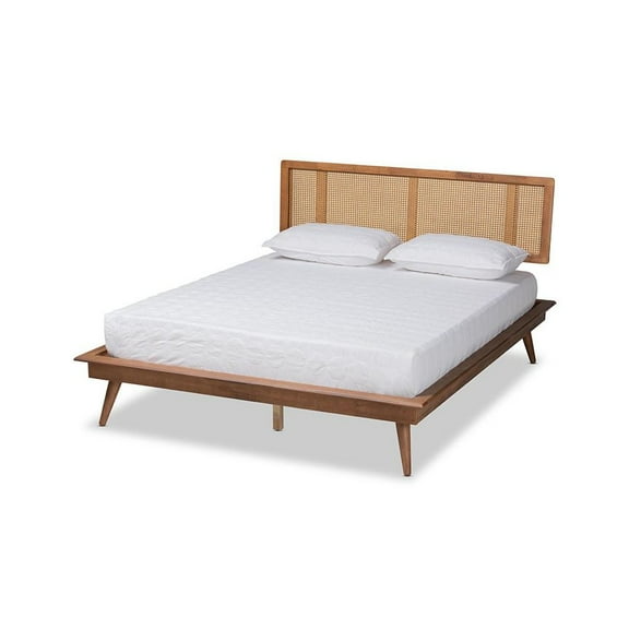 Baxton Studio Walnut Brown Finished Wood and Synthetic Rattan Queen Size Platform Bed