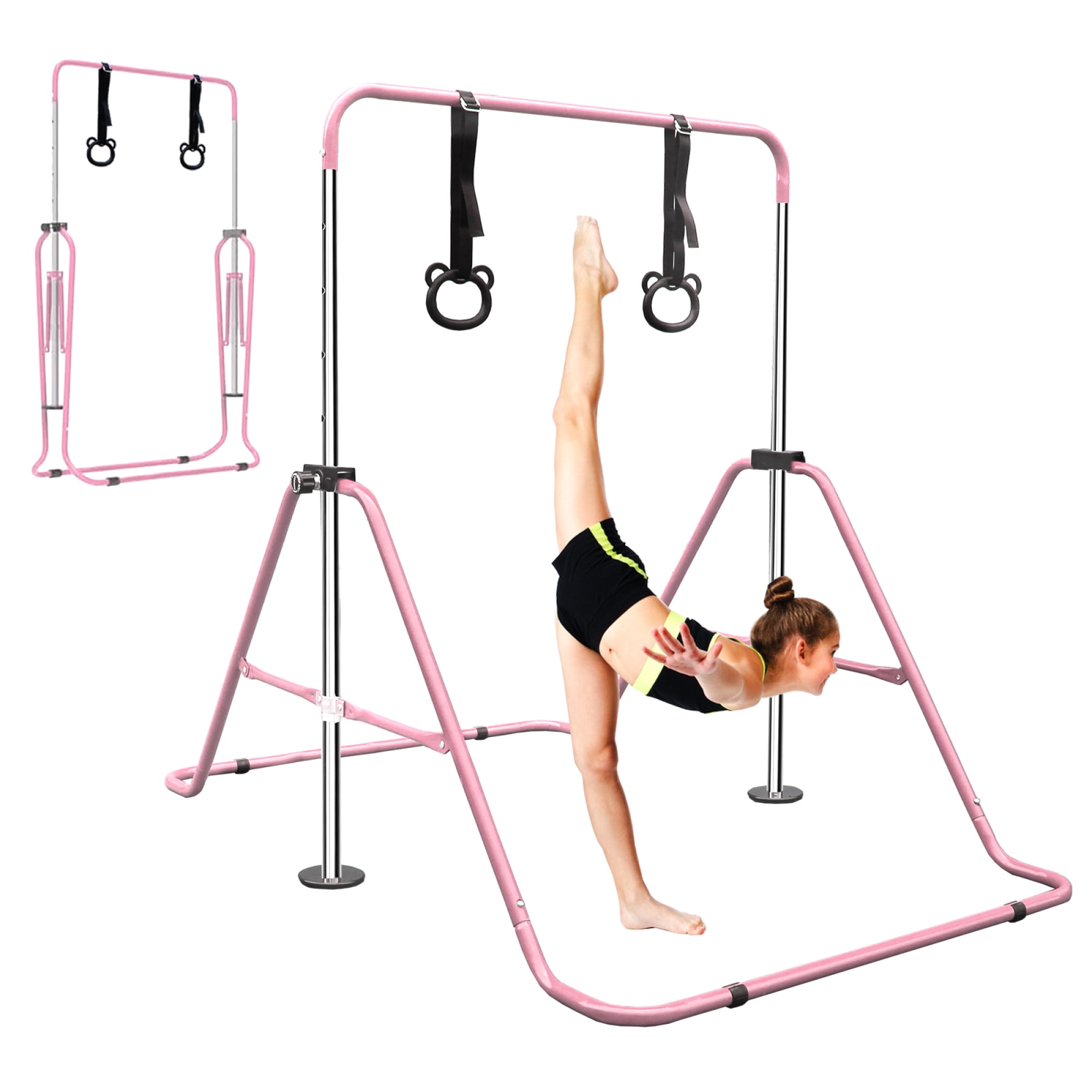 Gymnastics Bar for Kids,Adjustable Height Gymnastic Horizontal Bars with Bear Rings,Folding Junior Training Kip Bar for Kid Gymnasts, Child, Girl, Boy,Pink