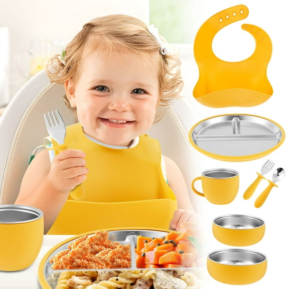 Ikoopy 7Pcs Stainless Steel Baby Feeding Set With Suction Cup Easy to Clean Portable Toddler Feeding Supplies With Removable Silicone for Toddler