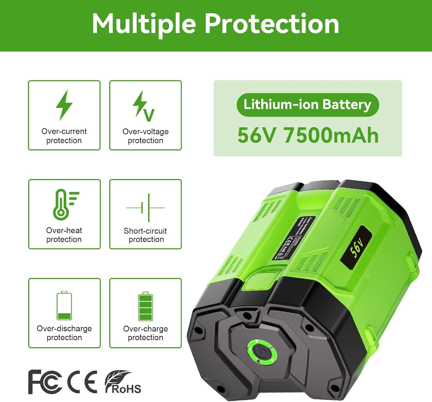 1-Pack 56V 7.5Ah Lithium-Ion Battery, Replacement for EGO 56 Volt Power Tools (Compatible with BA2800T, BA4200T, BA1400, BA5600T)