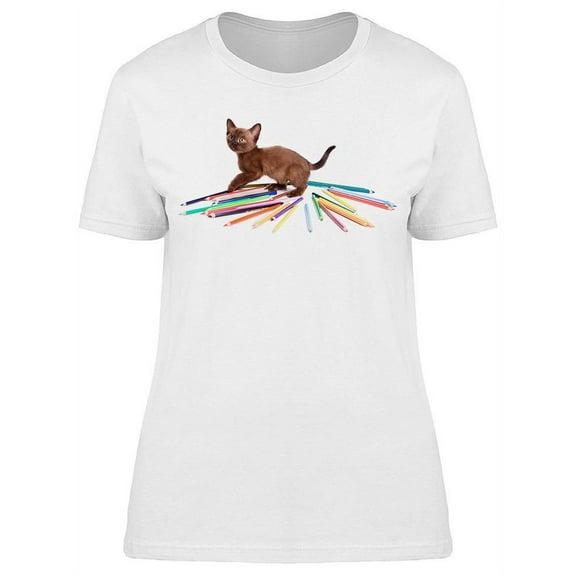 Burmese Cat With Pencils Colors T-Shirt Women -Image by Shutterstock, Female Large