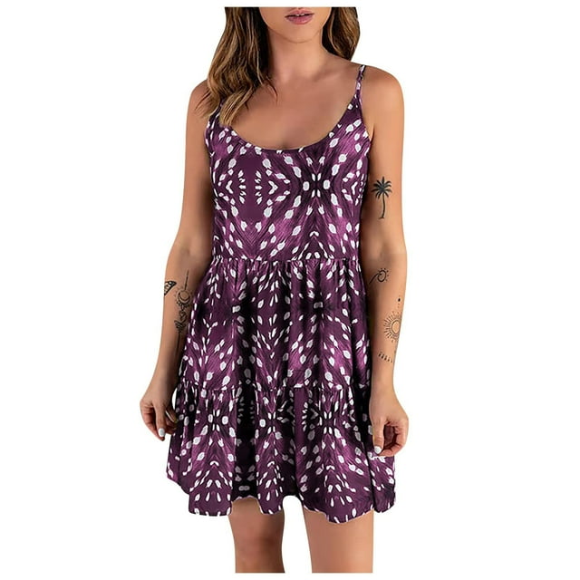 Robe pour Femmes à Col Rond à Bretelles Spaghetti Imprimée Robe à Étages Sans Manches d'Été Fluide Évasée Tunique Mini Robe de Plage
