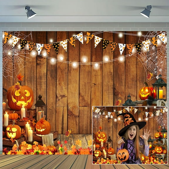 4 x 4 ft Halloween Background Hallowmas Pumpkin Lantern Candles Photography Backdrop Rustic Wood Background Spider Web Horror Nightmare Festival Birthday Party Decoration Photo Booth Props