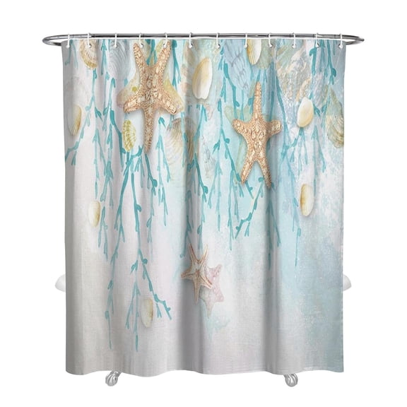 Coastal Shell Pattern Shower Curtain 72x84in, Waterproof Chun Yafang Polyester, Mold Resistant, Includes 12 Plastic Hooks, Suitable for Nautical Bathroom or Beach Decor