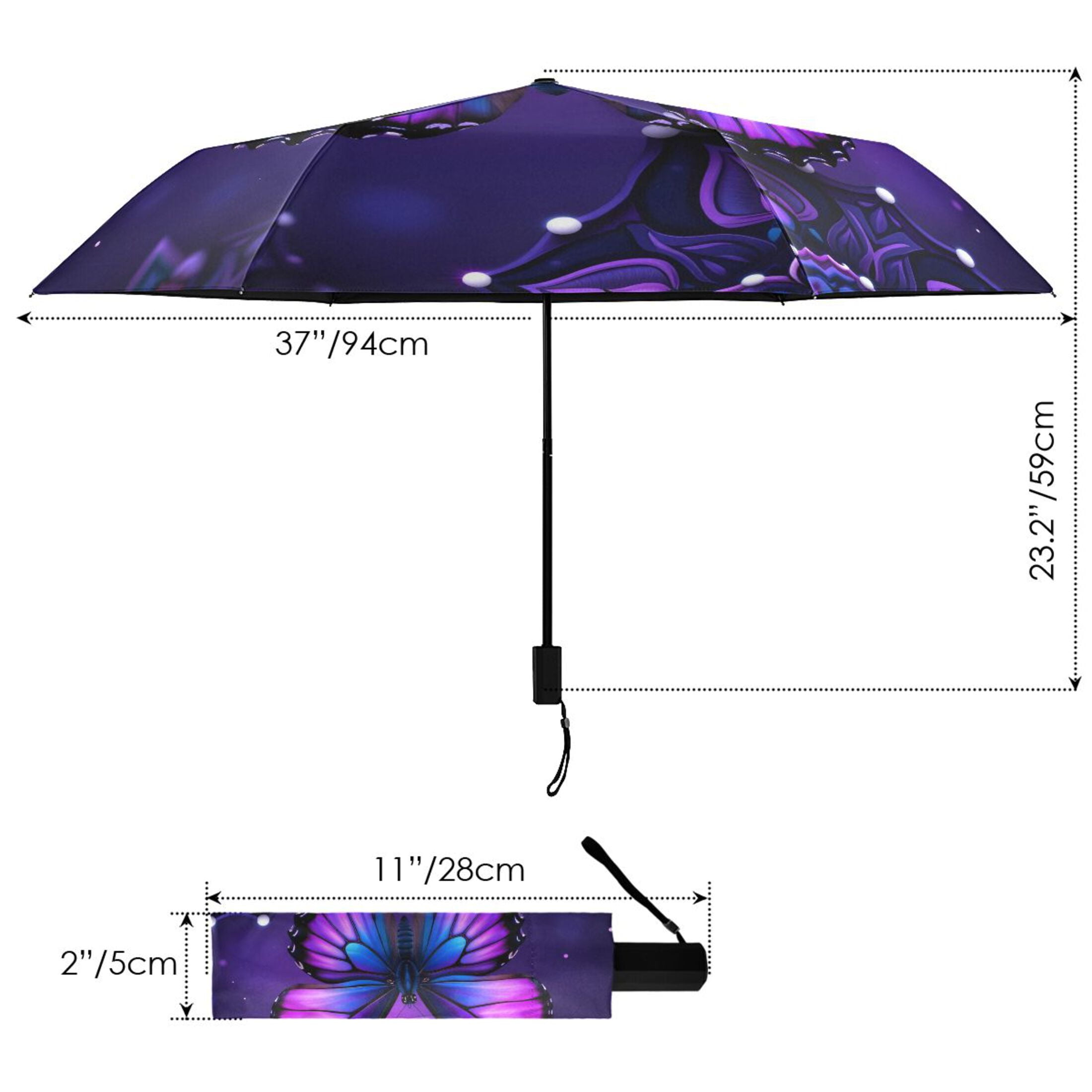 Mandala Flowers Purple Butterflies All Weather Umbrella Triple Folding Parasol 6 Ribs UV Protection Portable