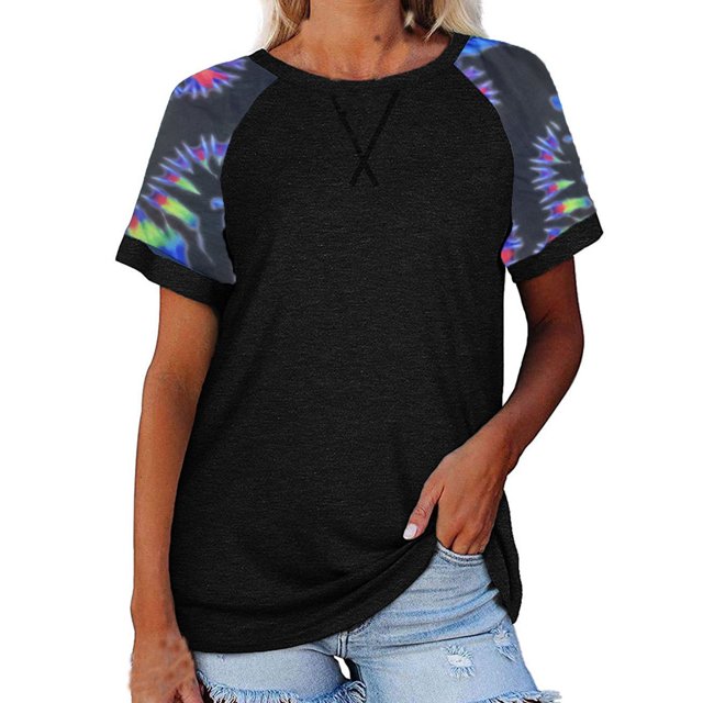 Pompotops Women Tops Sexy O-neck Print Patchwork Short Sleeve T-Shirt Blouse