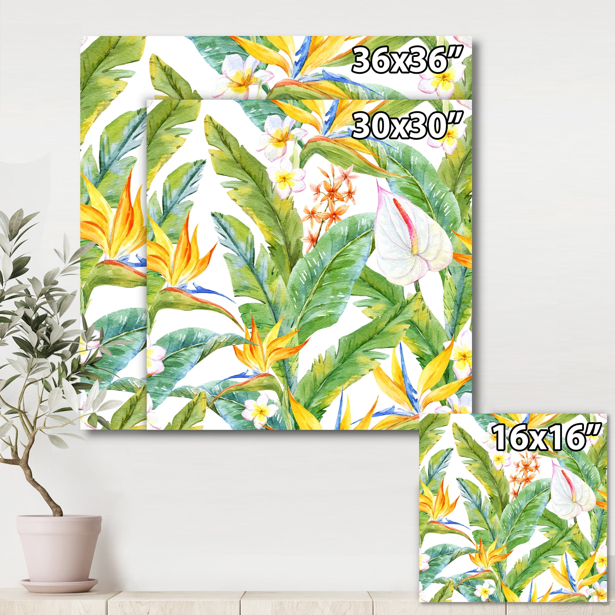 Yellow Flowers and Tropical Foliage II 30 in x 30 in Painting Canvas Art Print, by Designart