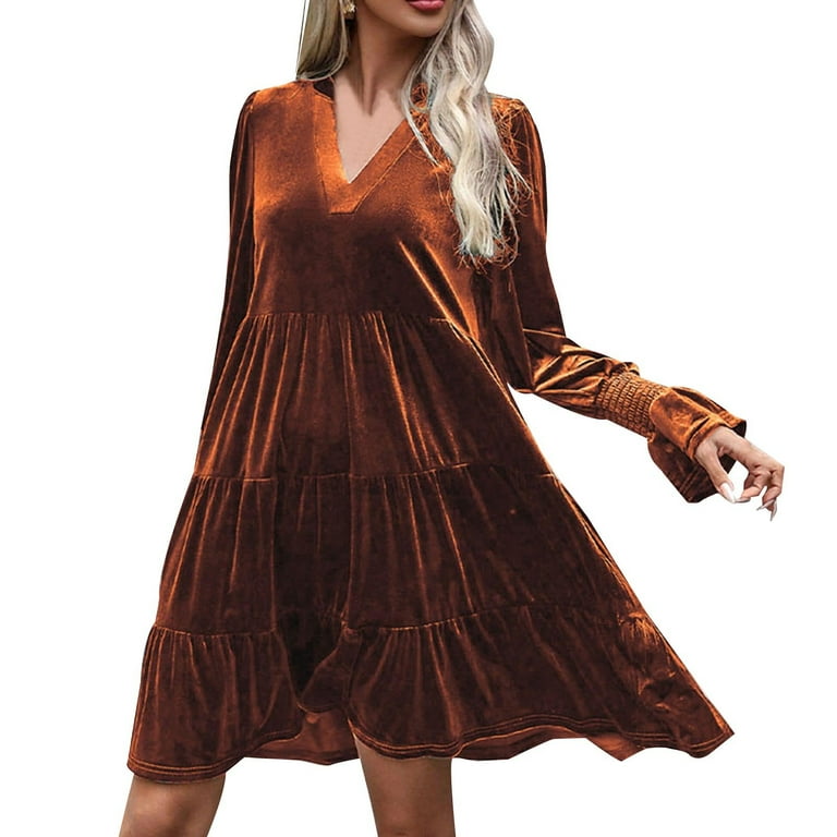 fitted lace wedding dress Burnt Orange Pleated Long Sleeve Mini Dress main image 1