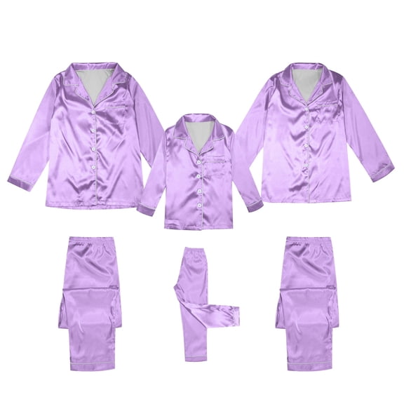 Fgnfyis Family Matching Outfits Silk Satin Solid Long Sleeve Button Down Soft Cozy 2 Piece Pajamas Set Sleepwear Loungewear