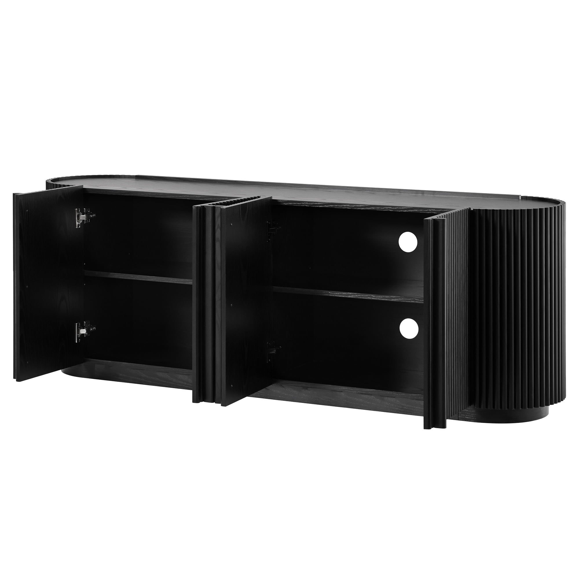 Leumius Mid Century Wood TV Stand with Fluted Tambour-Style Door, Farmhouse Media Console with Adjustable Shelves, Curved Edge TV Cabinet with Cable Management for Living Room, Black