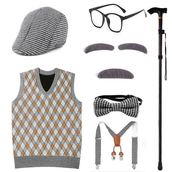 Gentleman Costume Set for Kids Boys-Halloween Gentleman Costume Kids 100 Days of School-10 Parts Grandpa Vest Set for Child