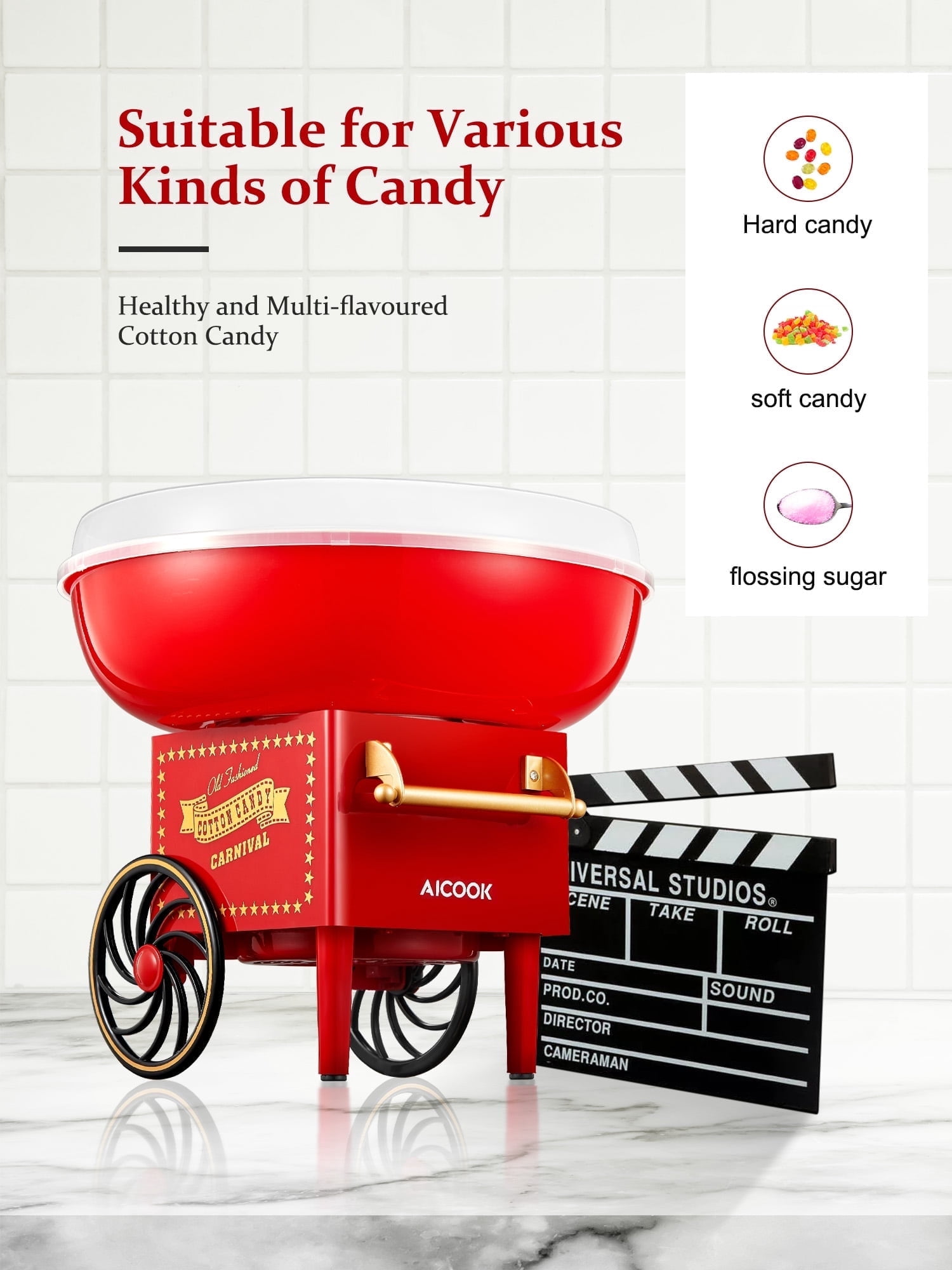 FOHERE Cotton Candy Machine for Kids, Hard Candy Floss Machine with Red Retro Design, 500W