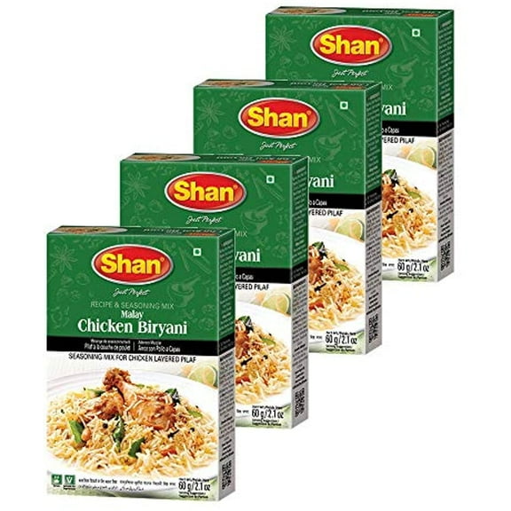 Shan Malay Chicken Biryani Recipe And Seasoning Mix 2.11 Oz (60G) - Spice Powder For Chicken Layered Pilaf - Suitable For Vegetarians - Airtight Bag In A Box (Pack Of 4)