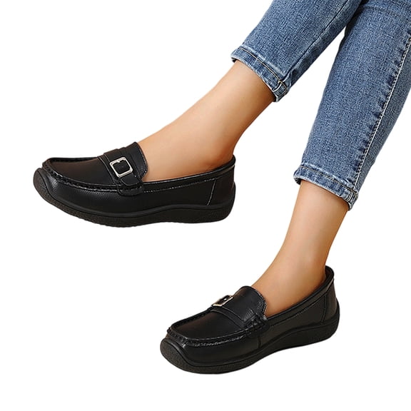 Willtoo Womens Wide Toe Loafers Slip-On Metal Buckle Platform Casual Flats Non Slip Comfort Walking Shoes for Daily Wear